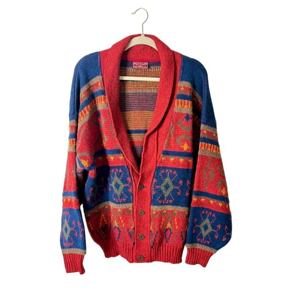 Skjaeveland Trend Cardigan Sweater Button Up Shawl-Collar Red Blue Aztec - Picture 1 of 7